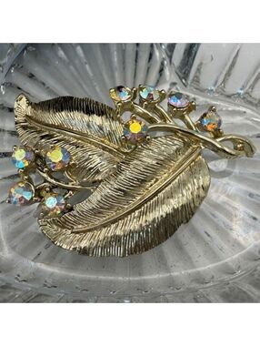 Vintage Coro Gold Tone Leaf Brooch AB Aurora Borealis Rhinestones Signed